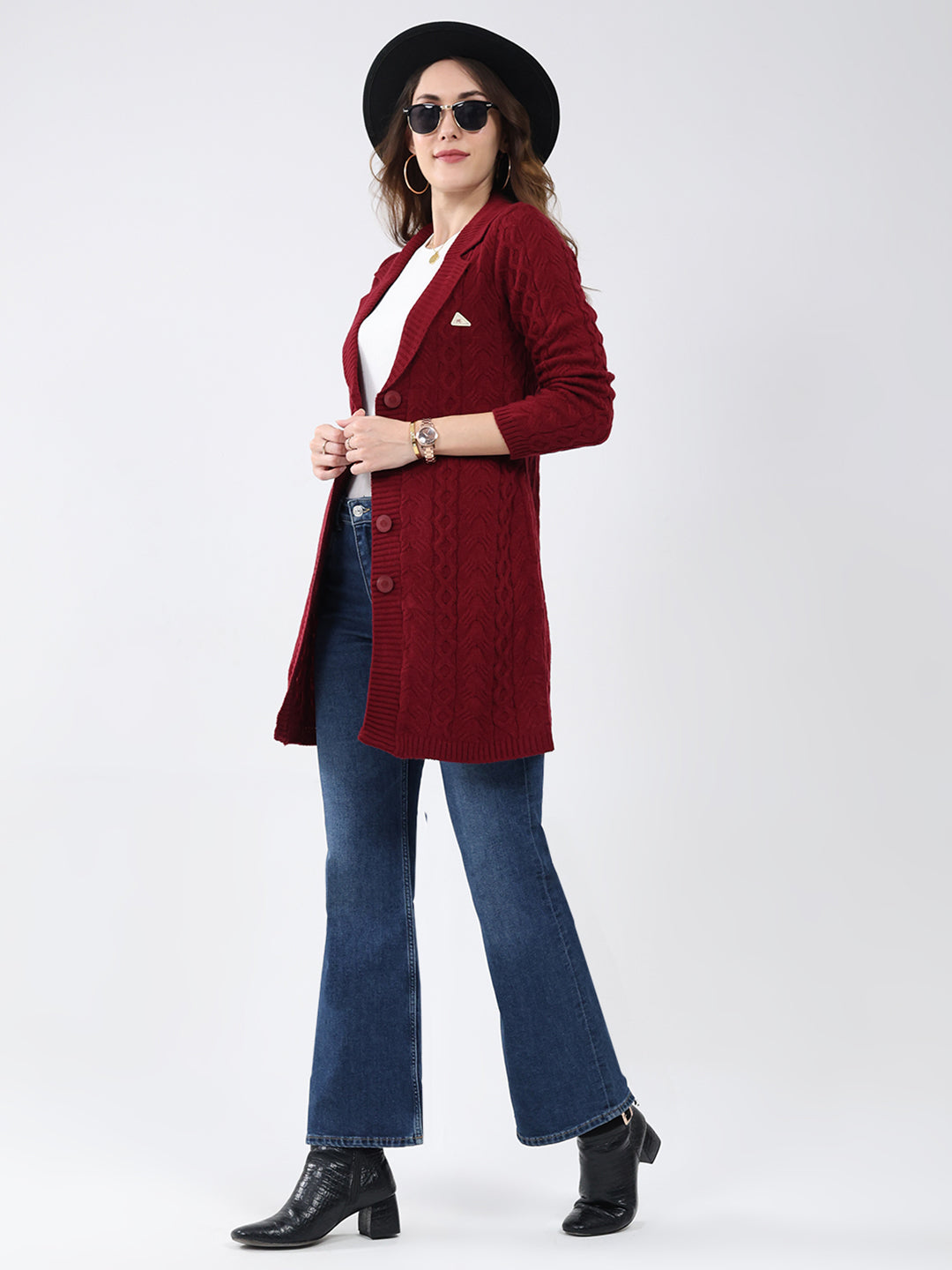Women Maroon Self Design Notch Lapel Collar Full Sleeve Cardigan