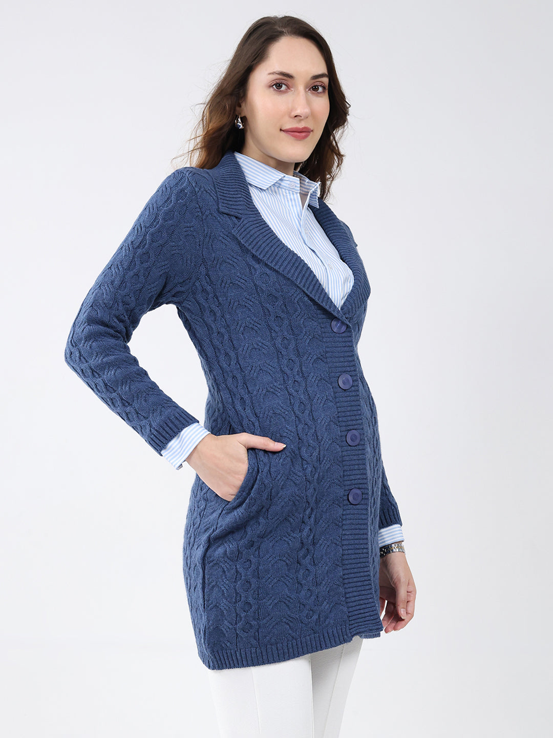 Women Blue Self Design Notch Lapel Collar Full Sleeve Cardigan