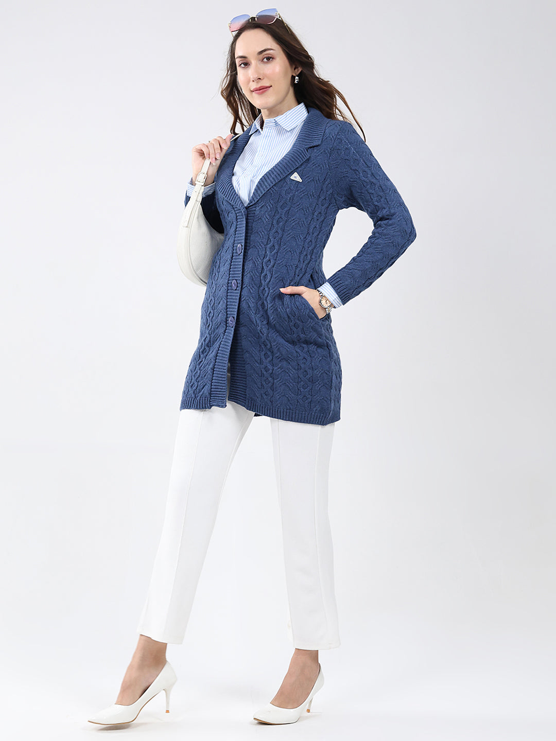 Women Blue Self Design Notch Lapel Collar Full Sleeve Cardigan