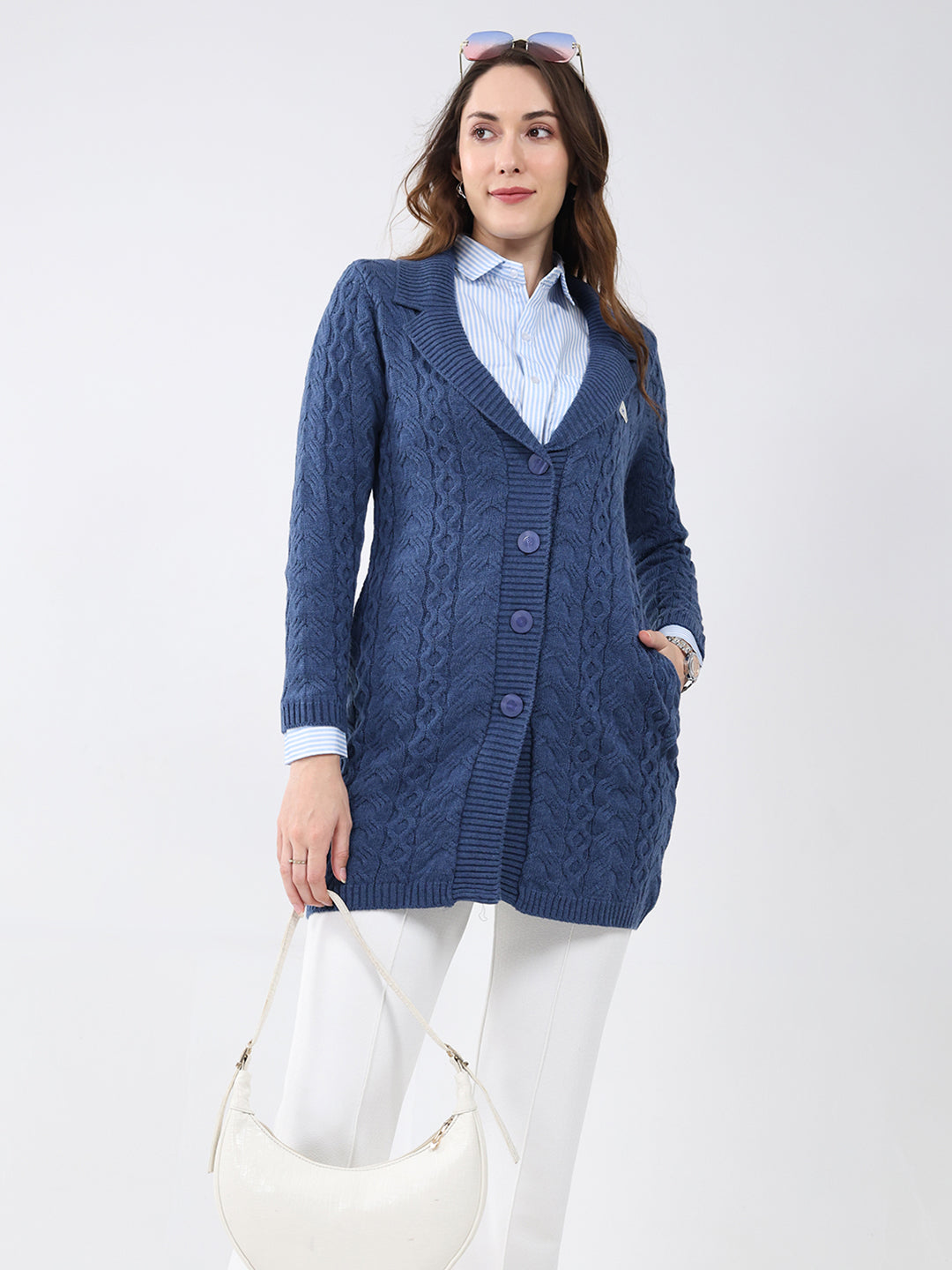 Women Blue Self Design Notch Lapel Collar Full Sleeve Cardigan