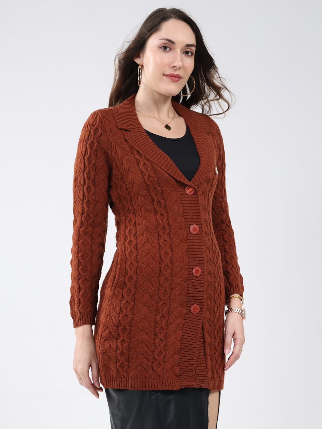 Women Brown Self Design Notch Lapel Collar Full Sleeve Cardigan