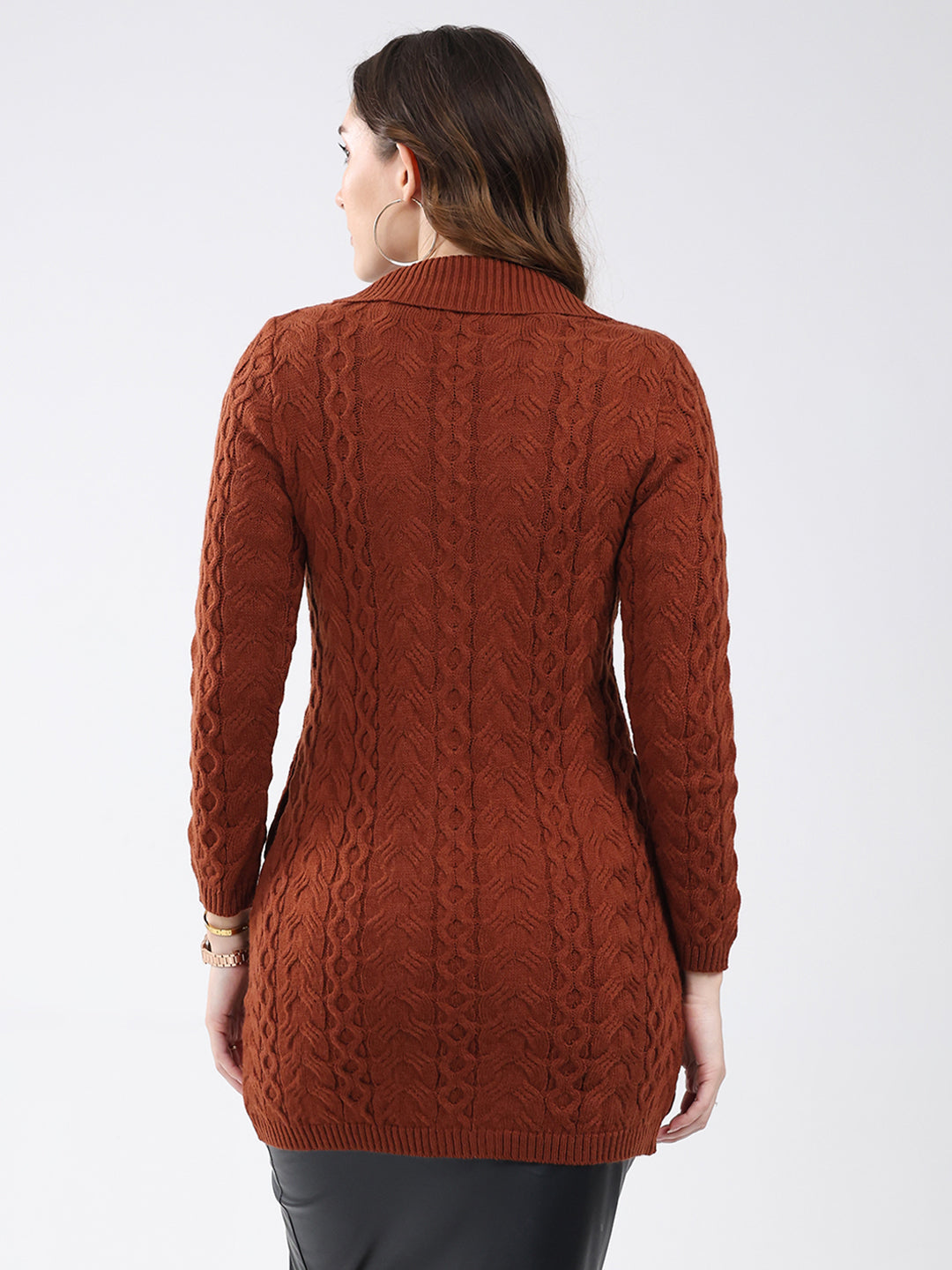Women Brown Self Design Notch Lapel Collar Full Sleeve Cardigan