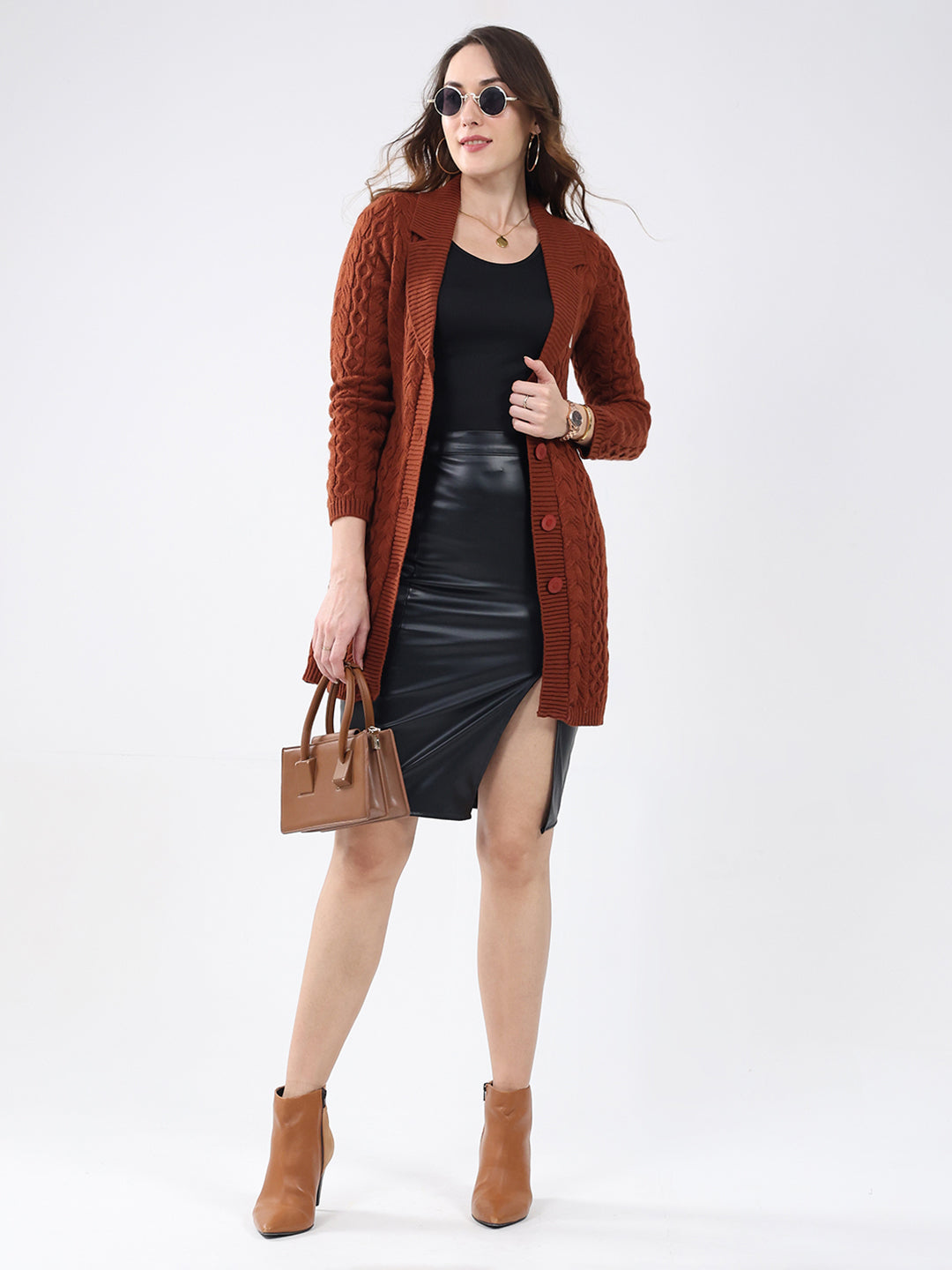 Women Brown Self Design Notch Lapel Collar Full Sleeve Cardigan