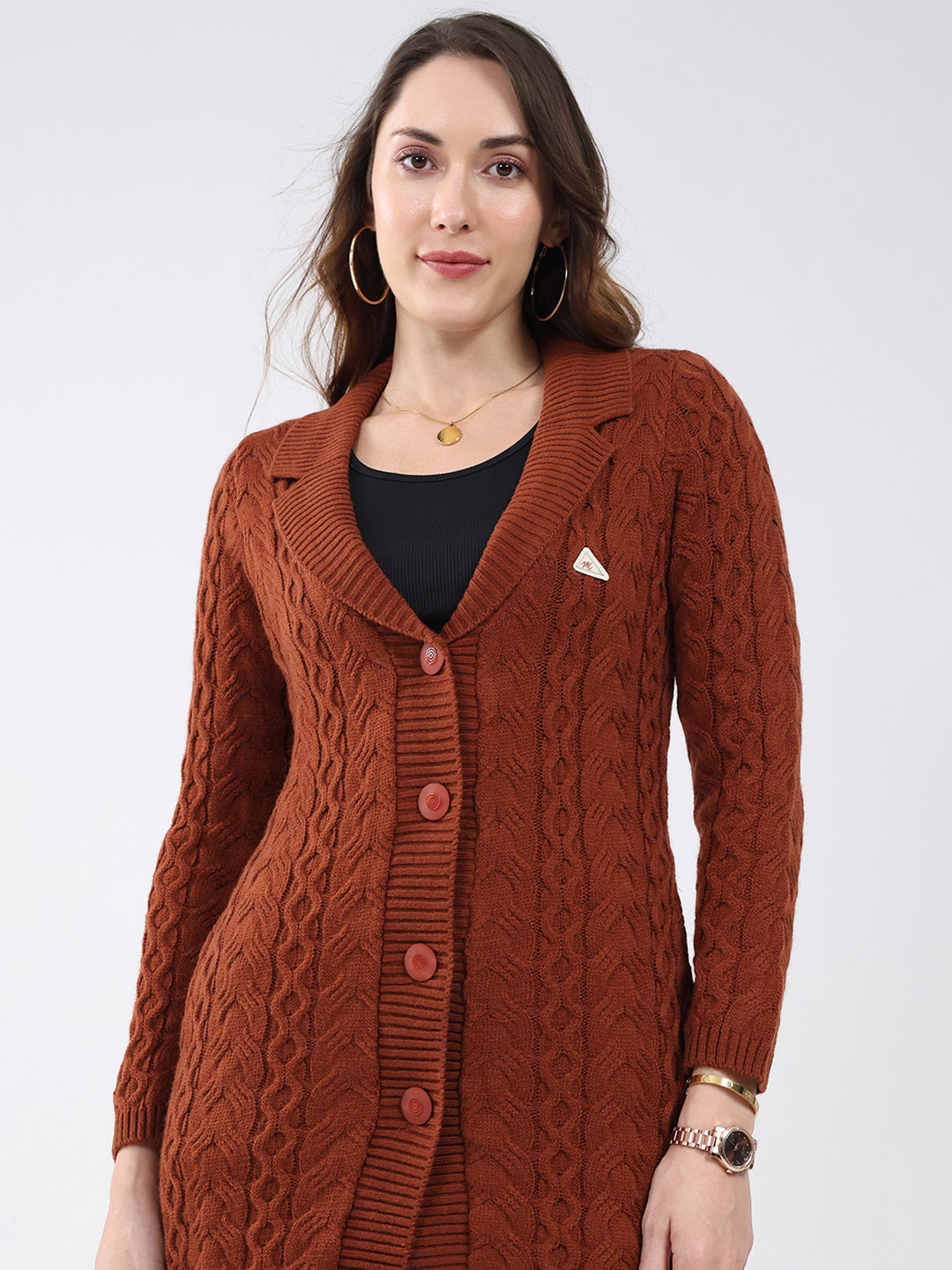 Women Brown Self Design Notch Lapel Collar Full Sleeve Cardigan