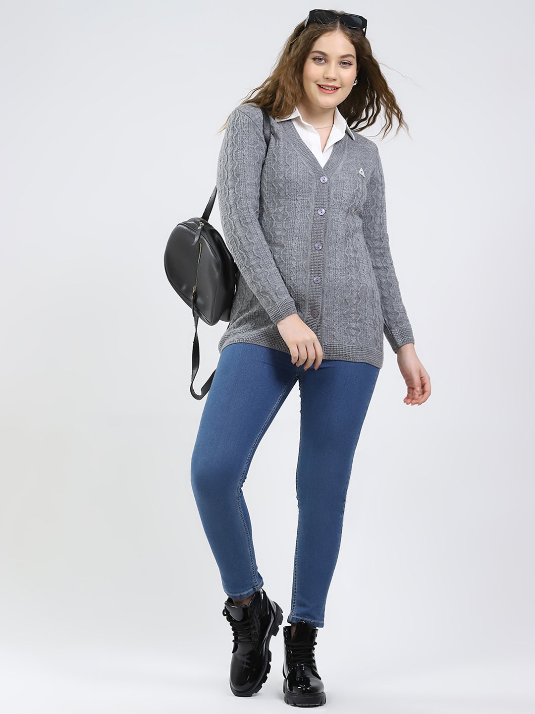 Women Grey Self Design V Neck Full Sleeve Cardigan