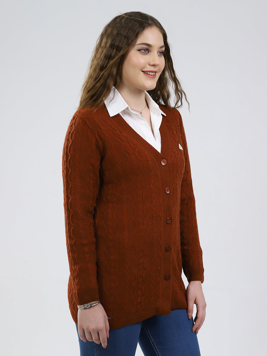 Women Rust Self Design V Neck Full Sleeve Cardigan