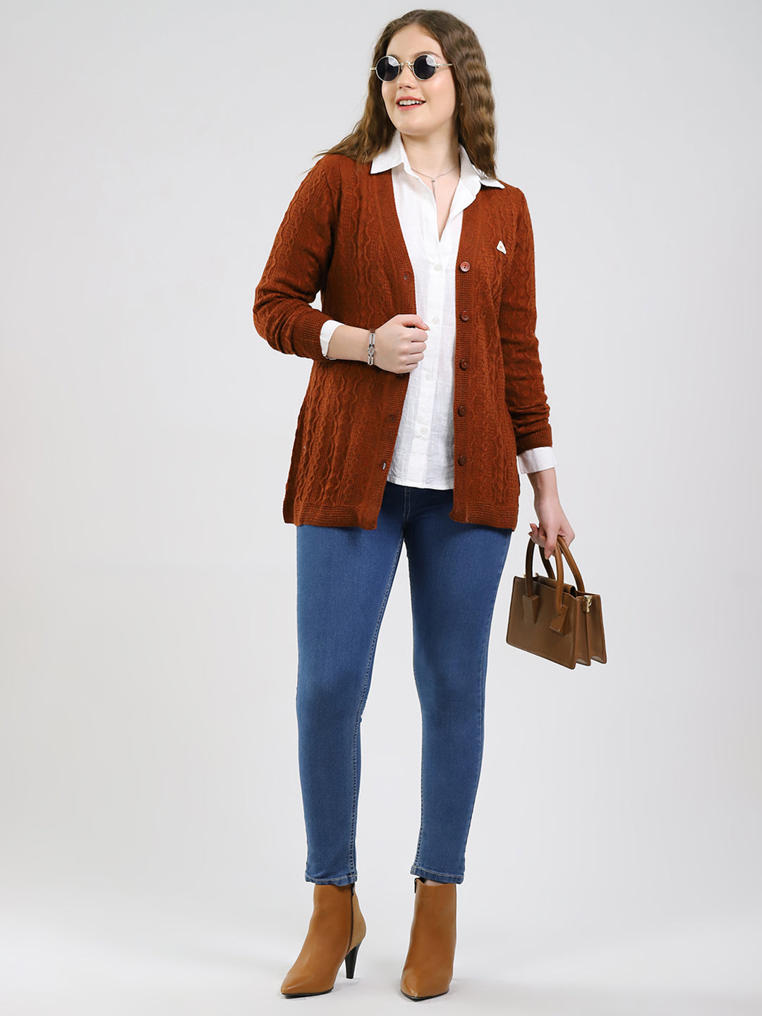 Women Rust Self Design V Neck Full Sleeve Cardigan