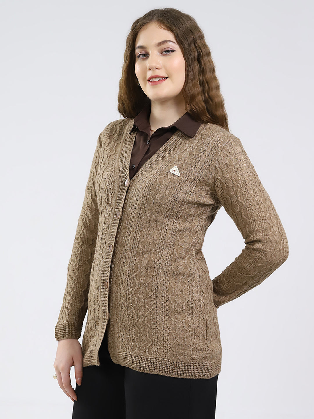 Women Brown Self Design V Neck Full Sleeve Cardigan