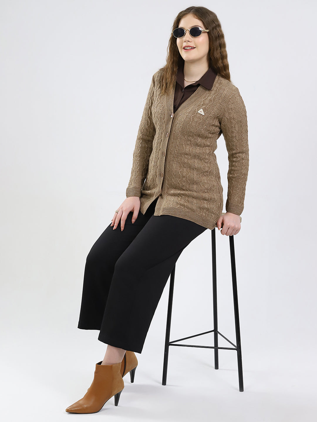Women Brown Self Design V Neck Full Sleeve Cardigan