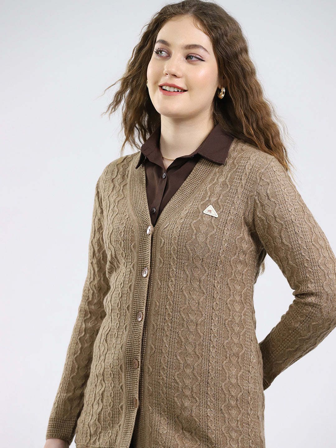 Women Brown Self Design V Neck Full Sleeve Cardigan