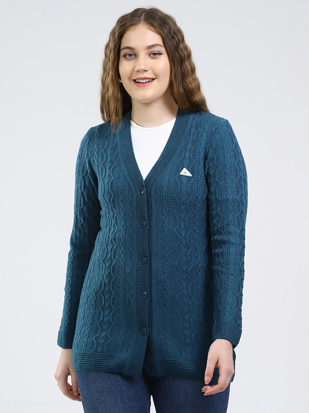 Women Teal Blue Self Design V Neck Full Sleeve Cardigan