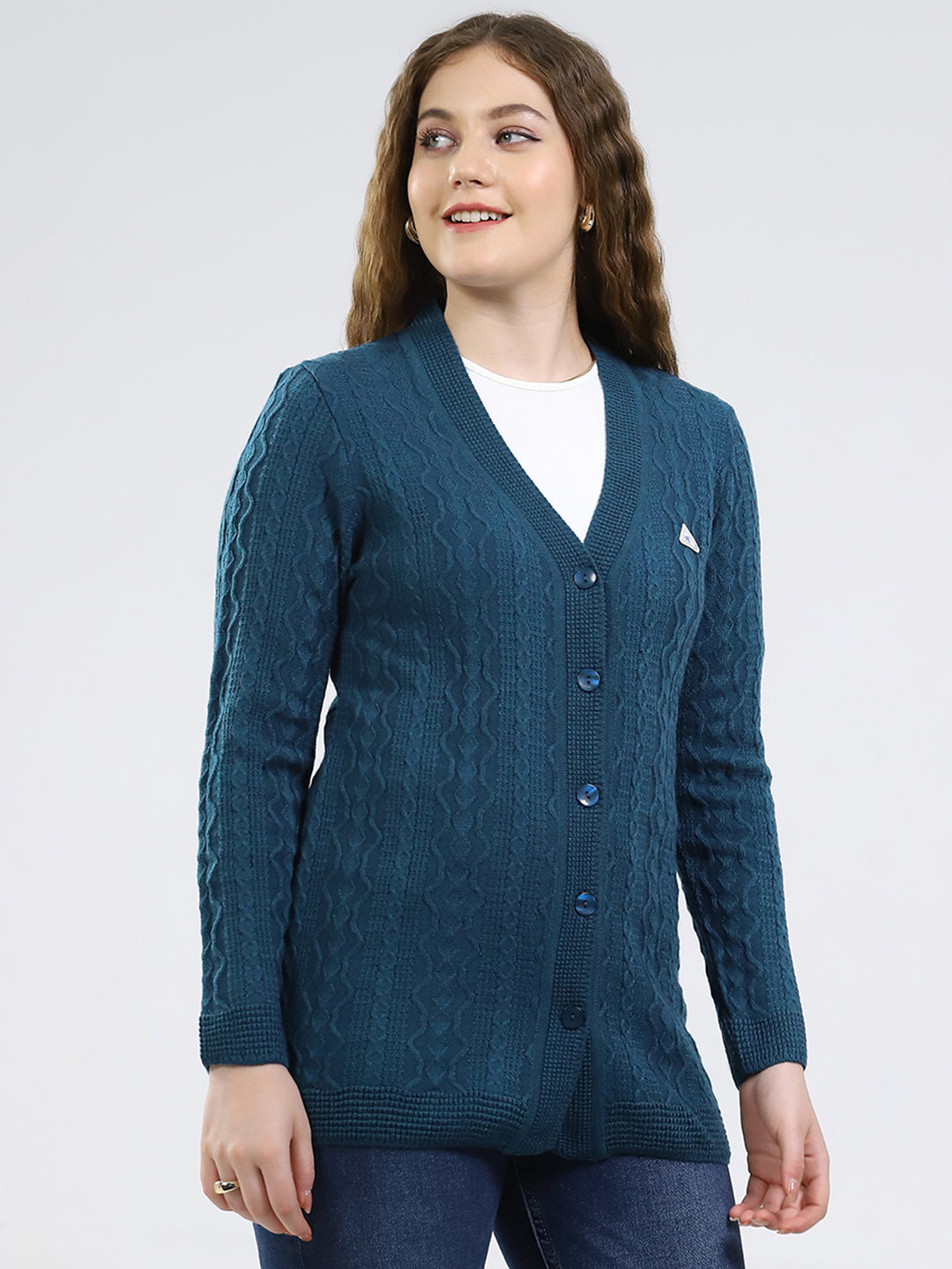 Women Teal Blue Self Design V Neck Full Sleeve Cardigan
