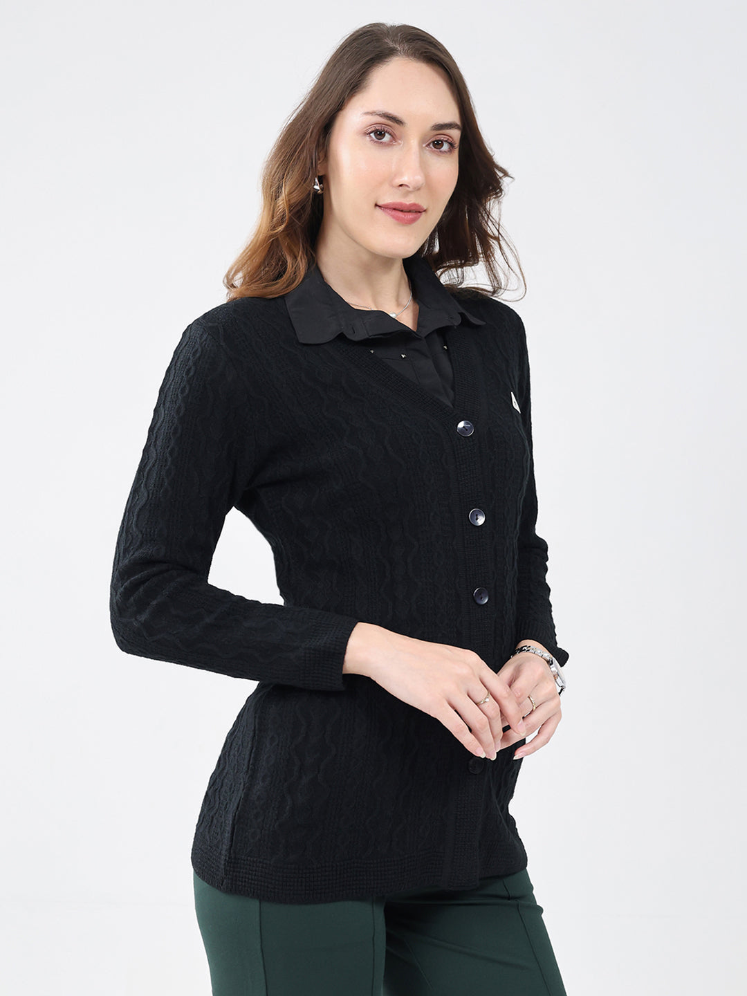 Women Black Self Design V Neck Full Sleeve Cardigan