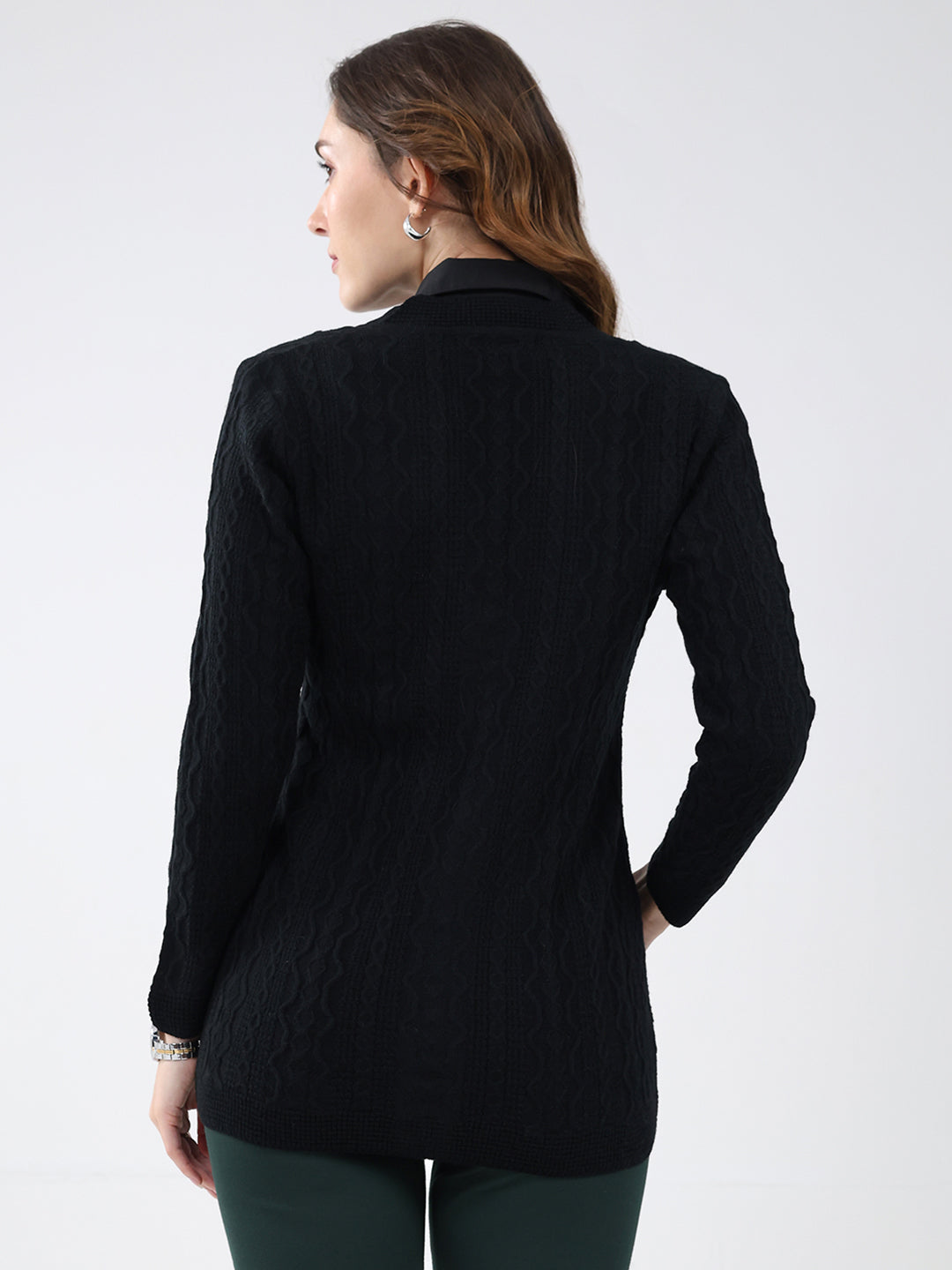 Women Black Self Design V Neck Full Sleeve Cardigan