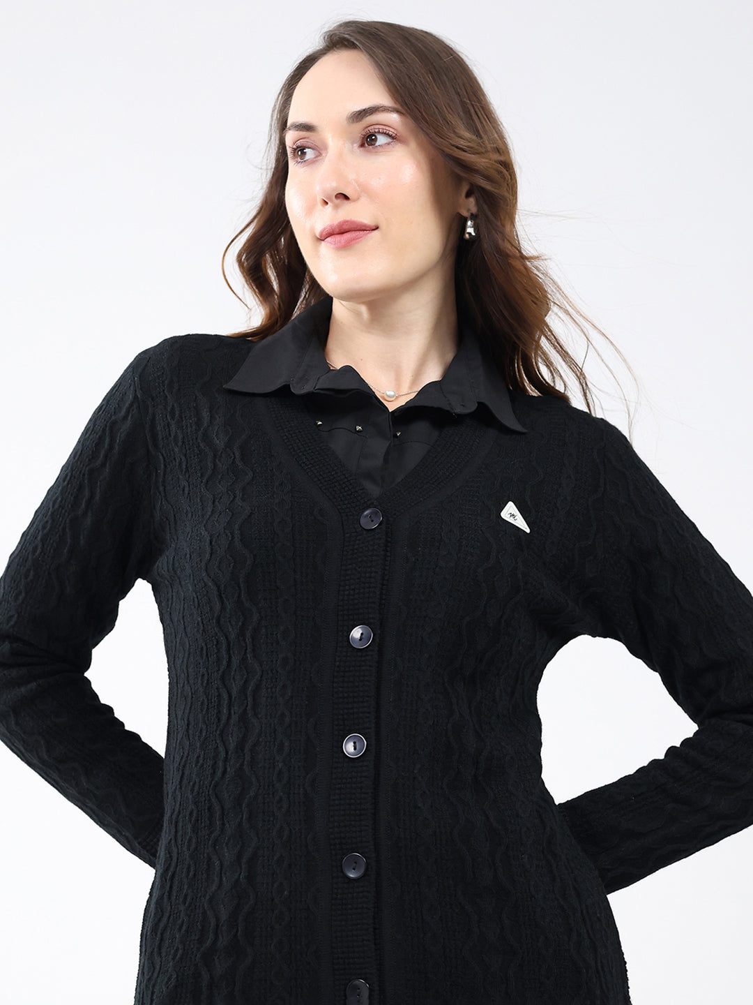 Women Black Self Design V Neck Full Sleeve Cardigan
