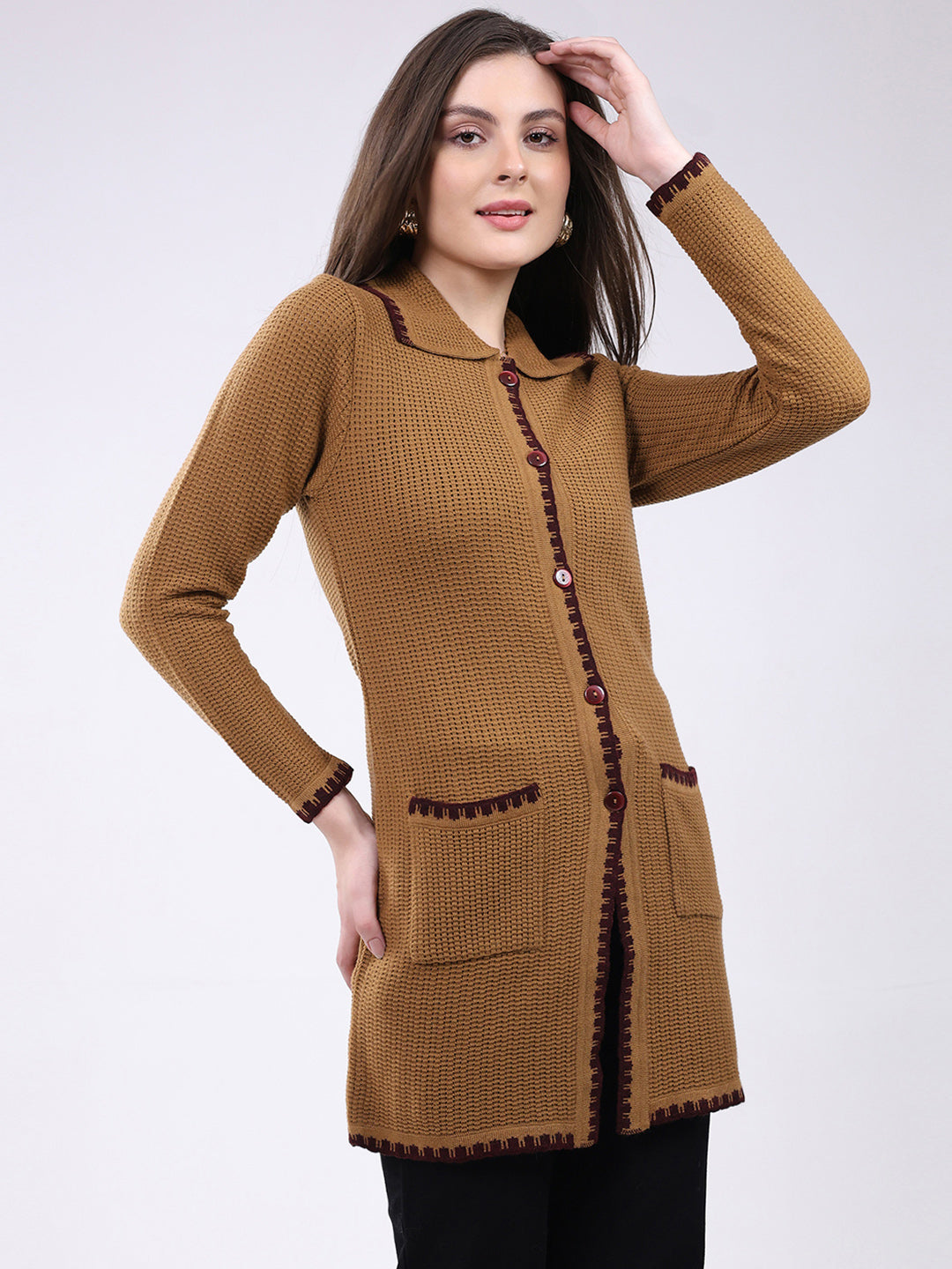 Women Mustard Self Design Collar Full Sleeve Cardigan