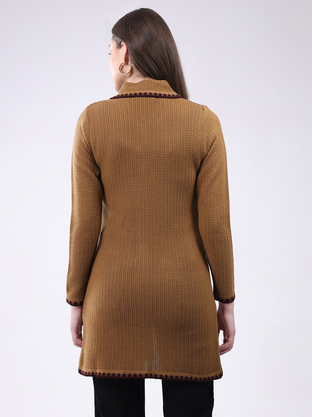Women Mustard Self Design Collar Full Sleeve Cardigan
