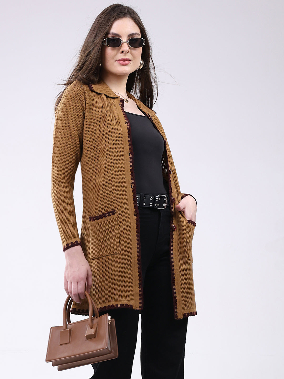 Women Mustard Self Design Collar Full Sleeve Cardigan