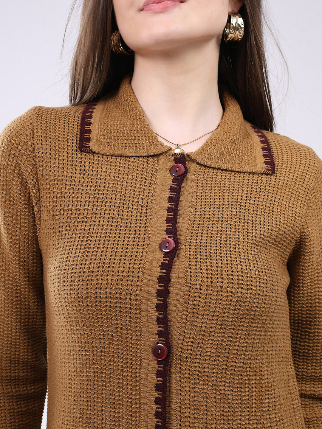 Women Mustard Self Design Collar Full Sleeve Cardigan