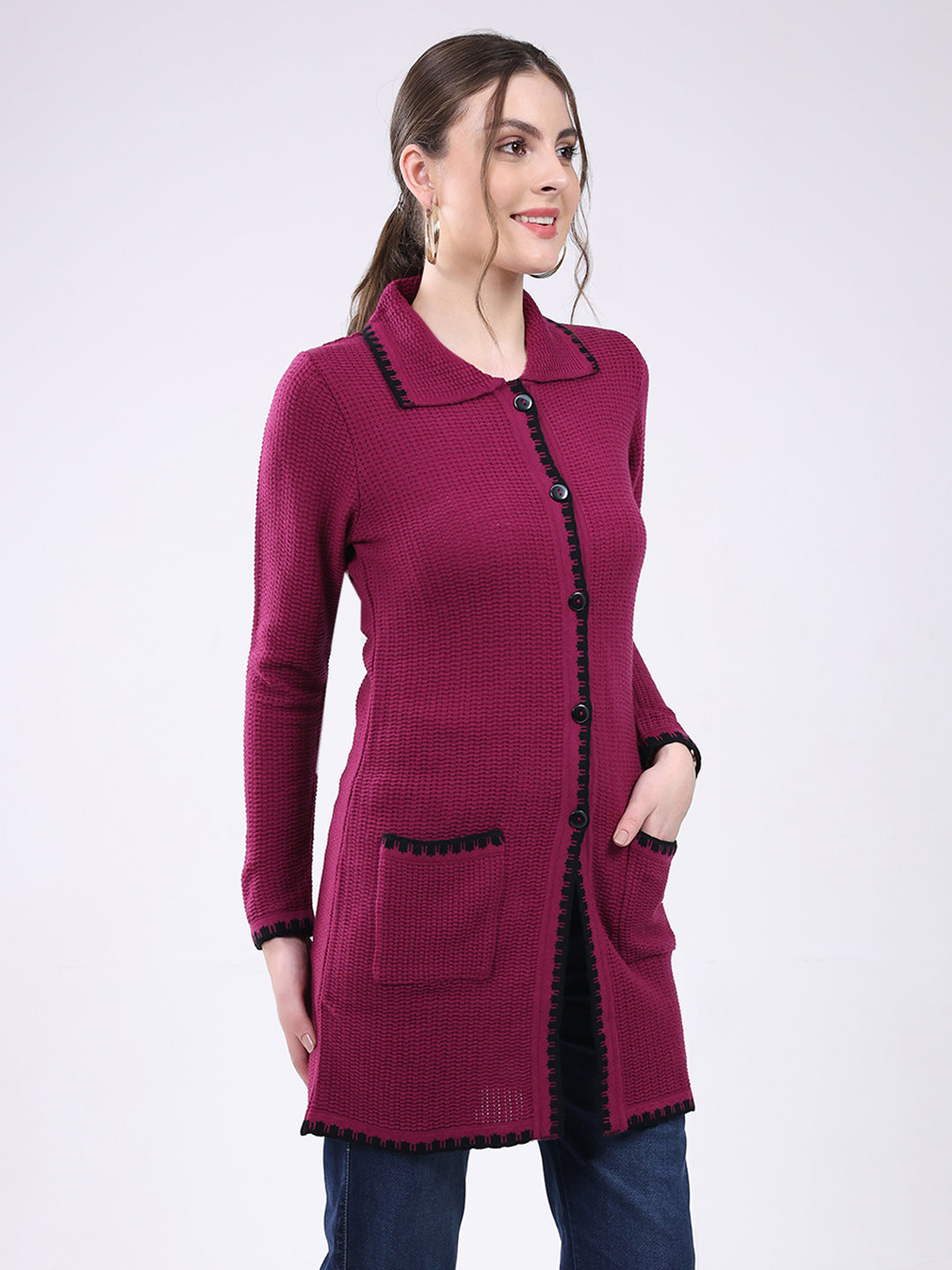 Women Magenta Self Design Collar Full Sleeve Cardigan