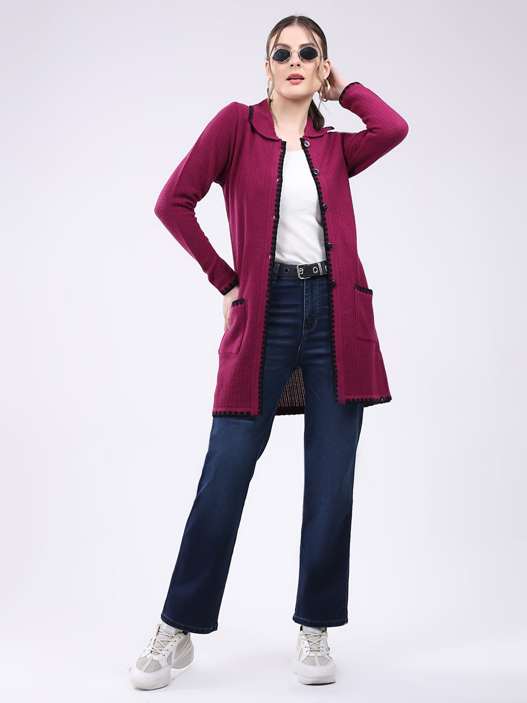 Women Magenta Self Design Collar Full Sleeve Cardigan