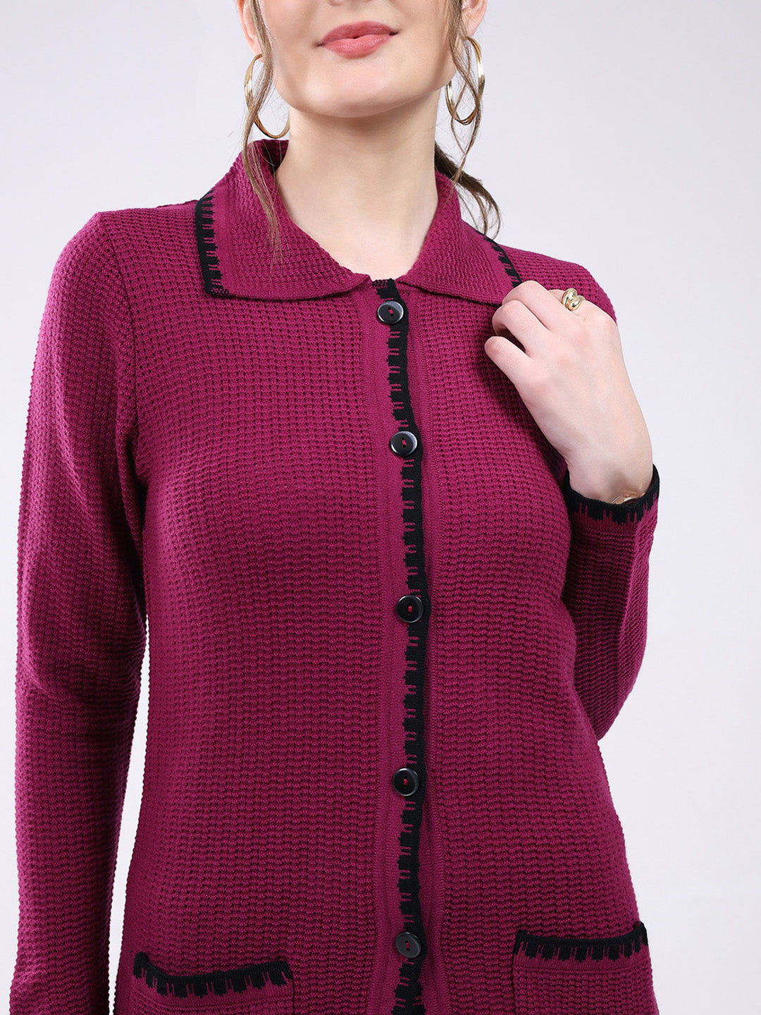 Women Magenta Self Design Collar Full Sleeve Cardigan