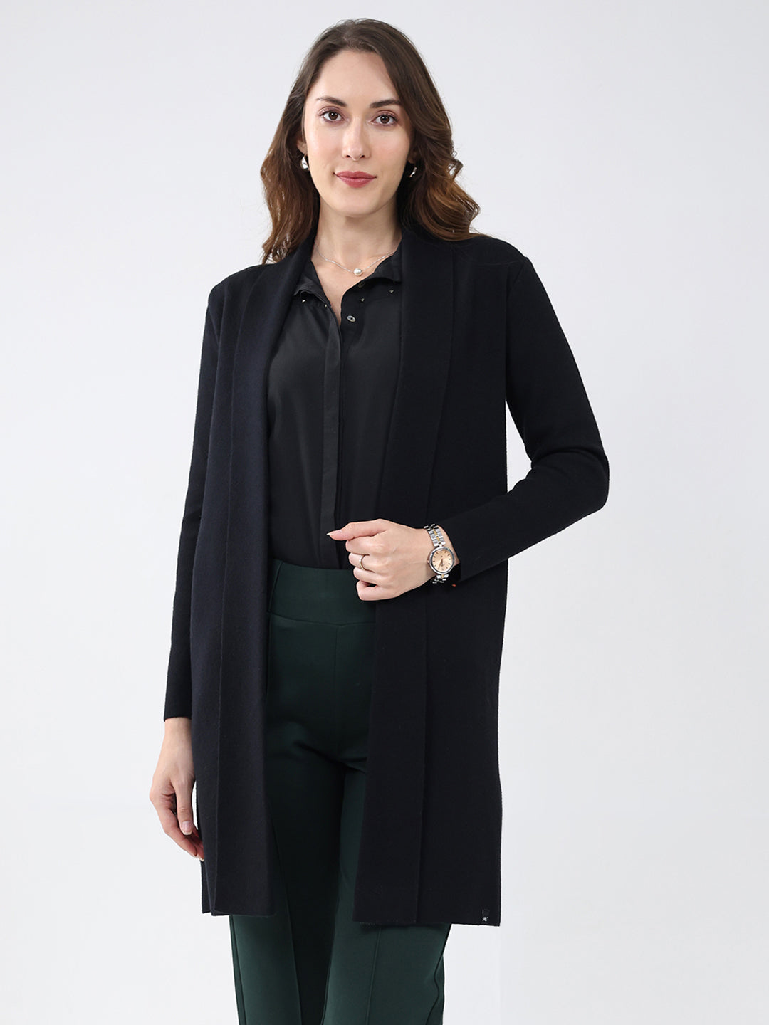 Women Black Self Design Collar Full Sleeve Cardigan