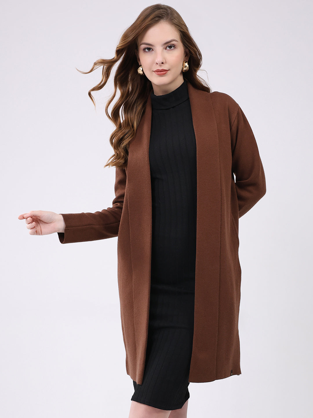 Women Brown Self Design Collar Full Sleeve Cardigan