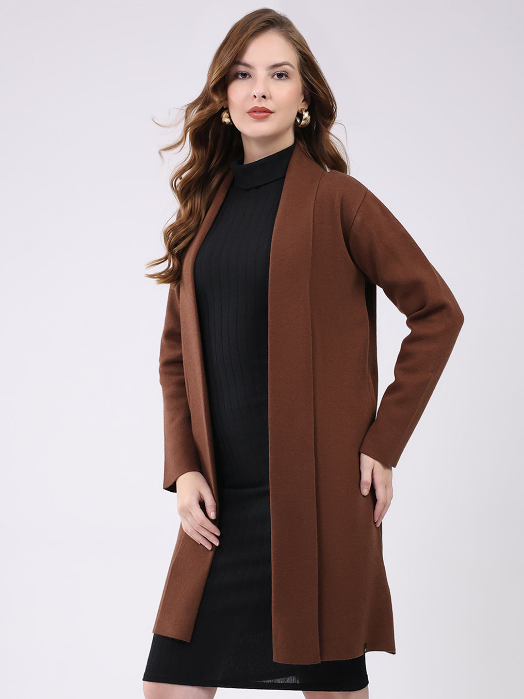 Women Brown Self Design Collar Full Sleeve Cardigan