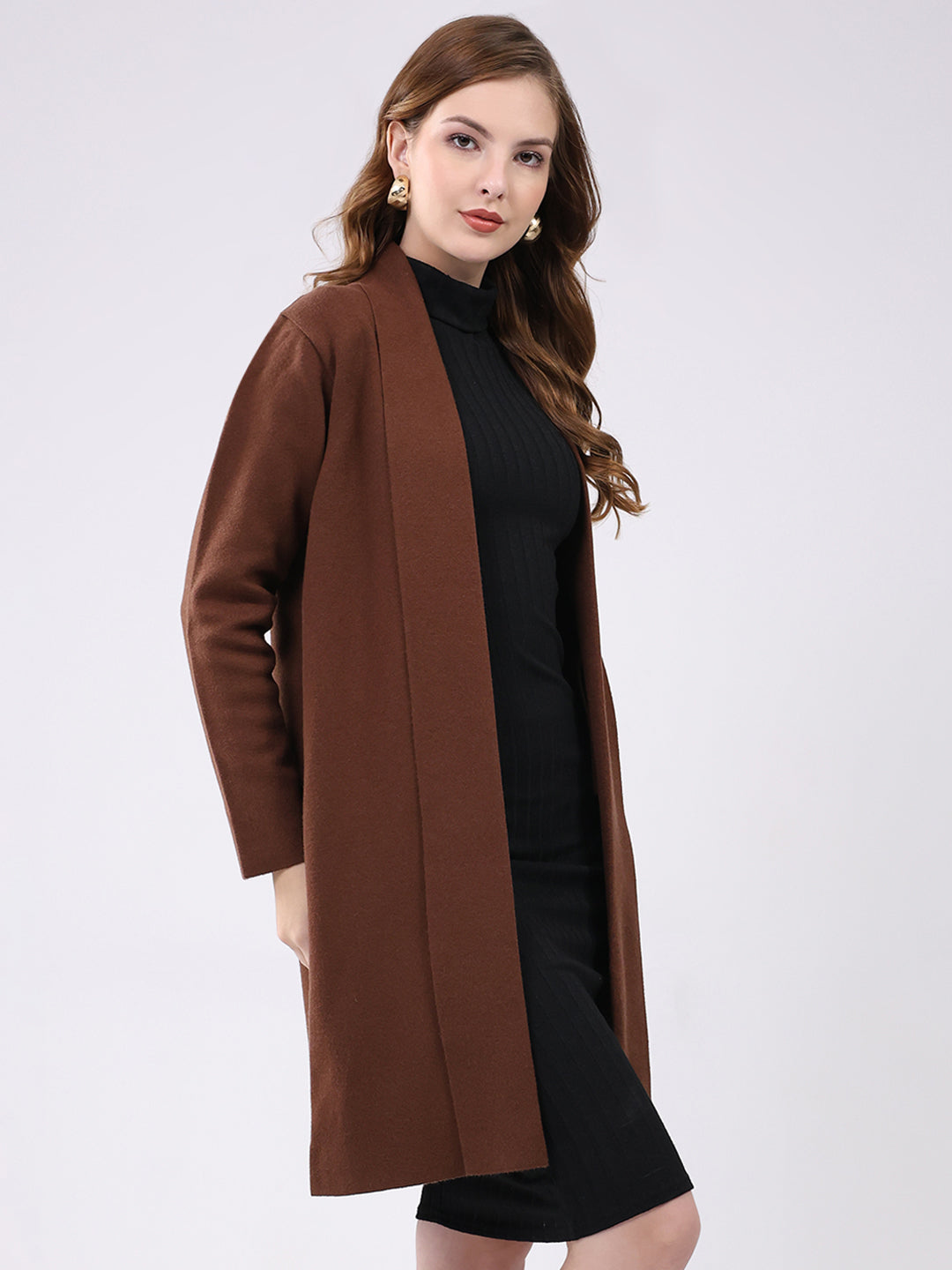 Women Brown Self Design Collar Full Sleeve Cardigan