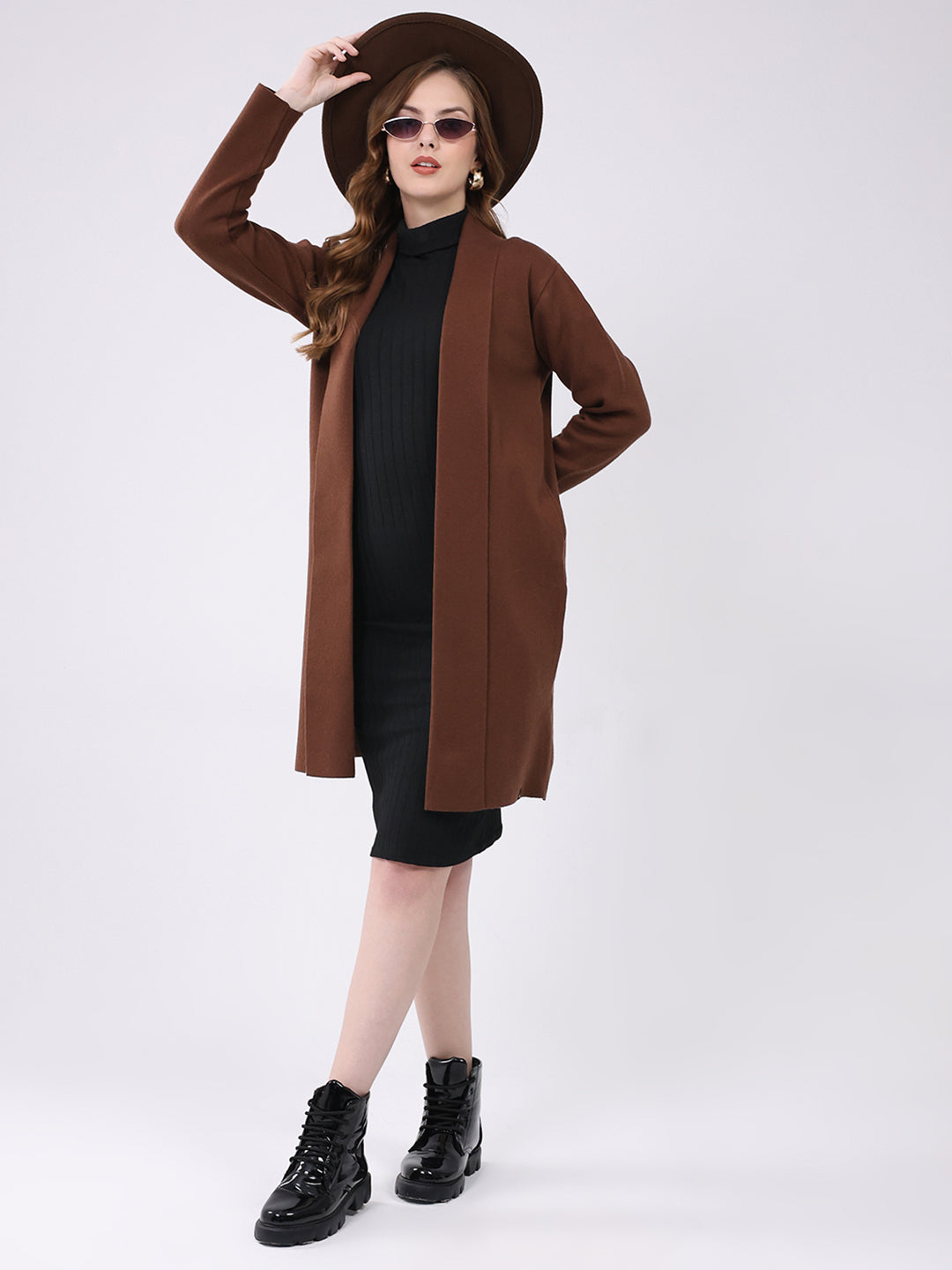 Women Brown Self Design Collar Full Sleeve Cardigan