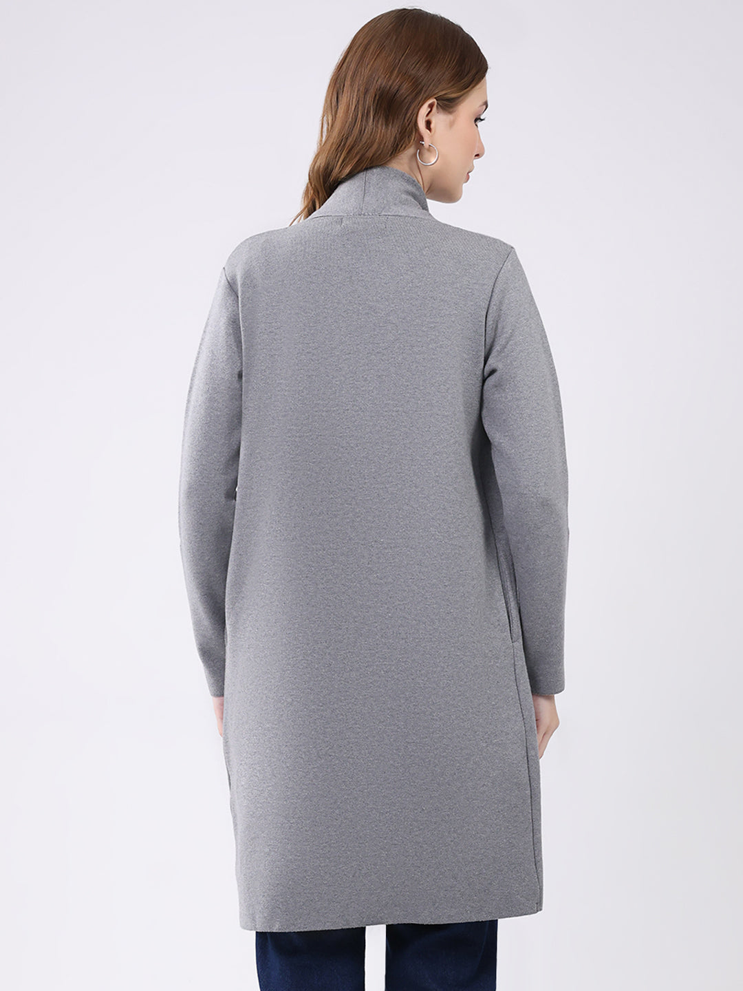 Women Grey Self Design Collar Full Sleeve Cardigan