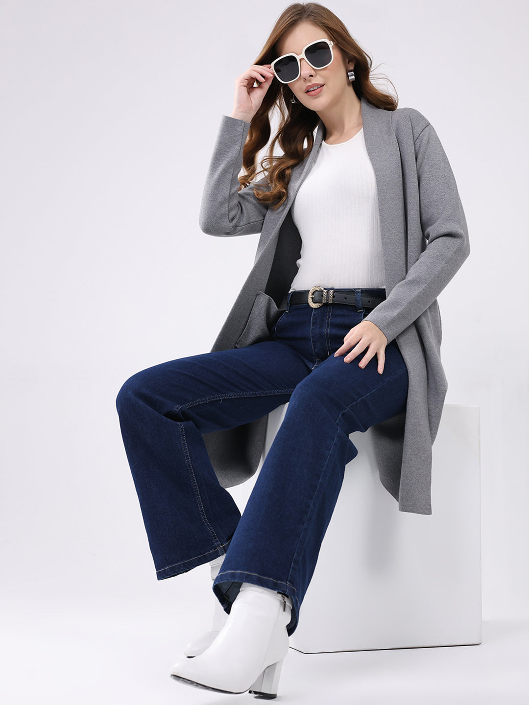 Women Grey Self Design Collar Full Sleeve Cardigan