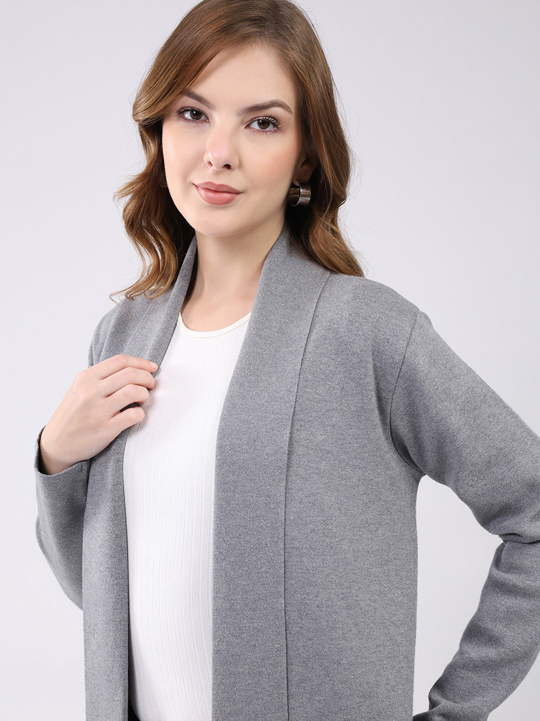Women Grey Self Design Collar Full Sleeve Cardigan