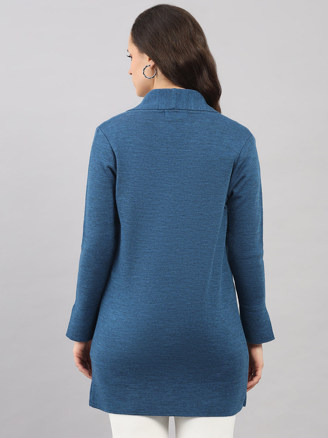 Women Dark Blue Self Design Lapel Collar Full Sleeve Knitted Coat