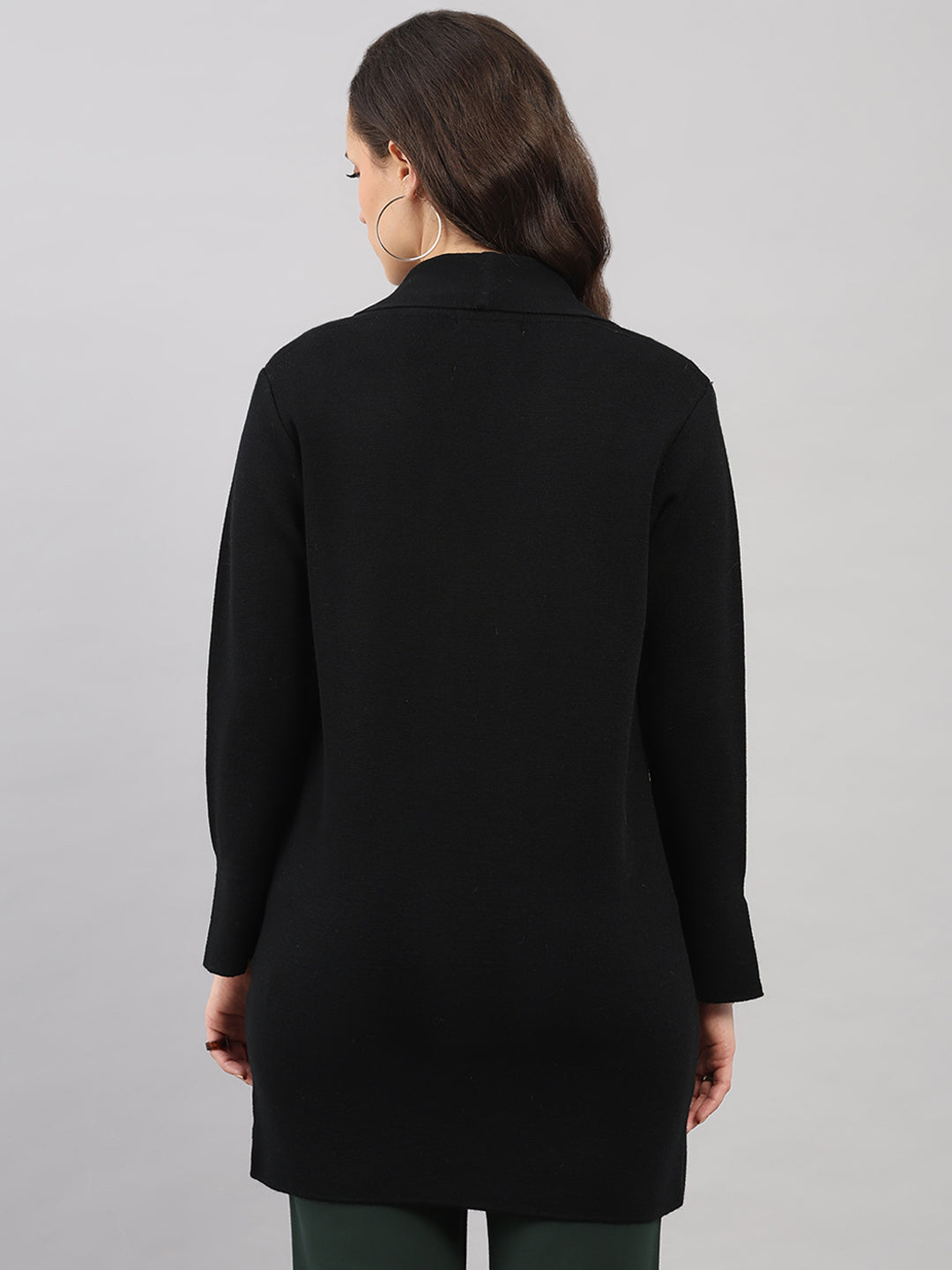 Women Black Self Design Lapel Collar Full Sleeve Knitted Coat
