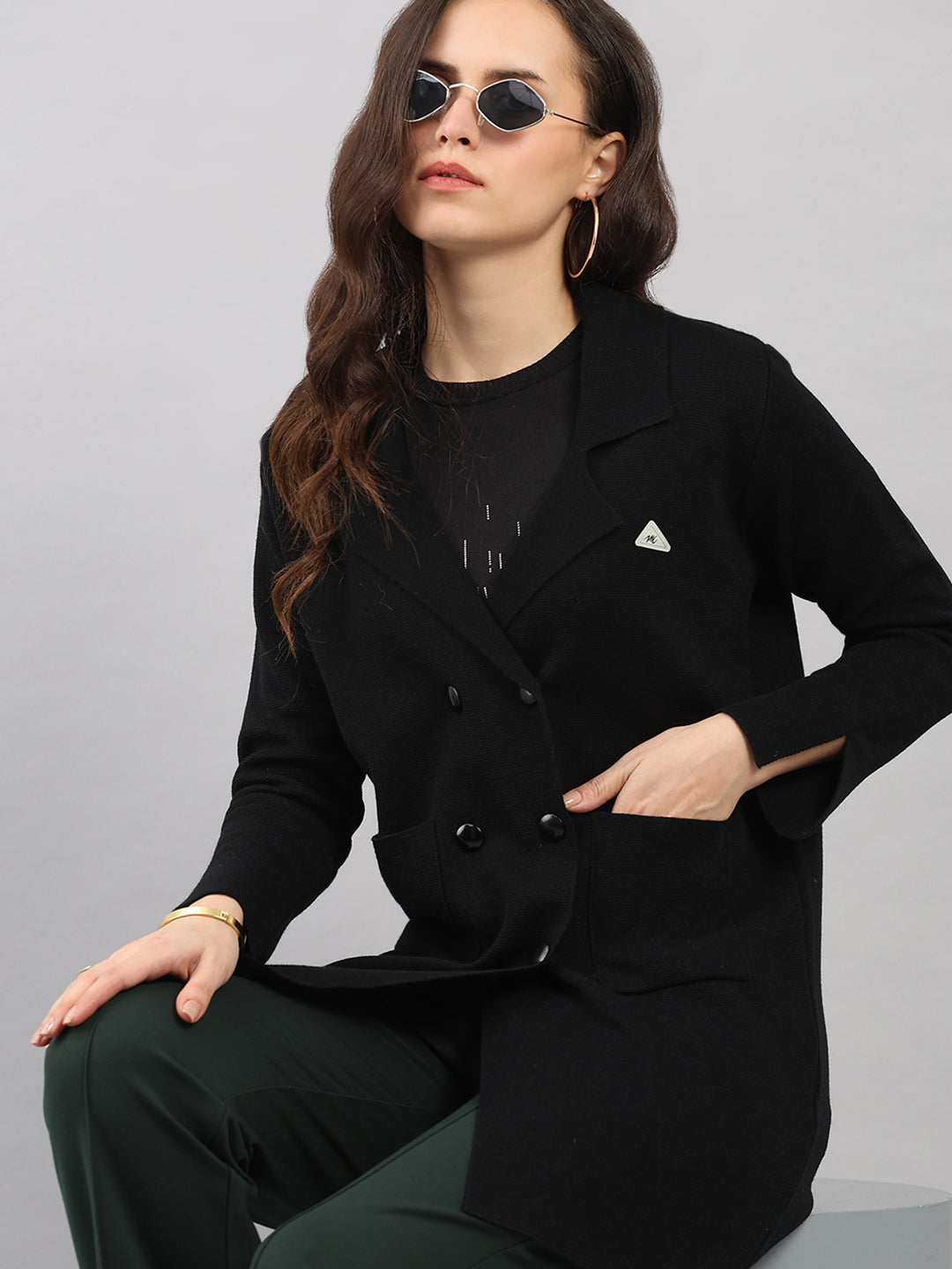 Women Black Self Design Lapel Collar Full Sleeve Knitted Coat