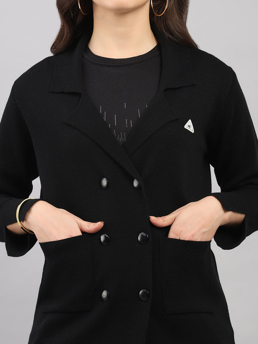 Women Black Self Design Lapel Collar Full Sleeve Knitted Coat