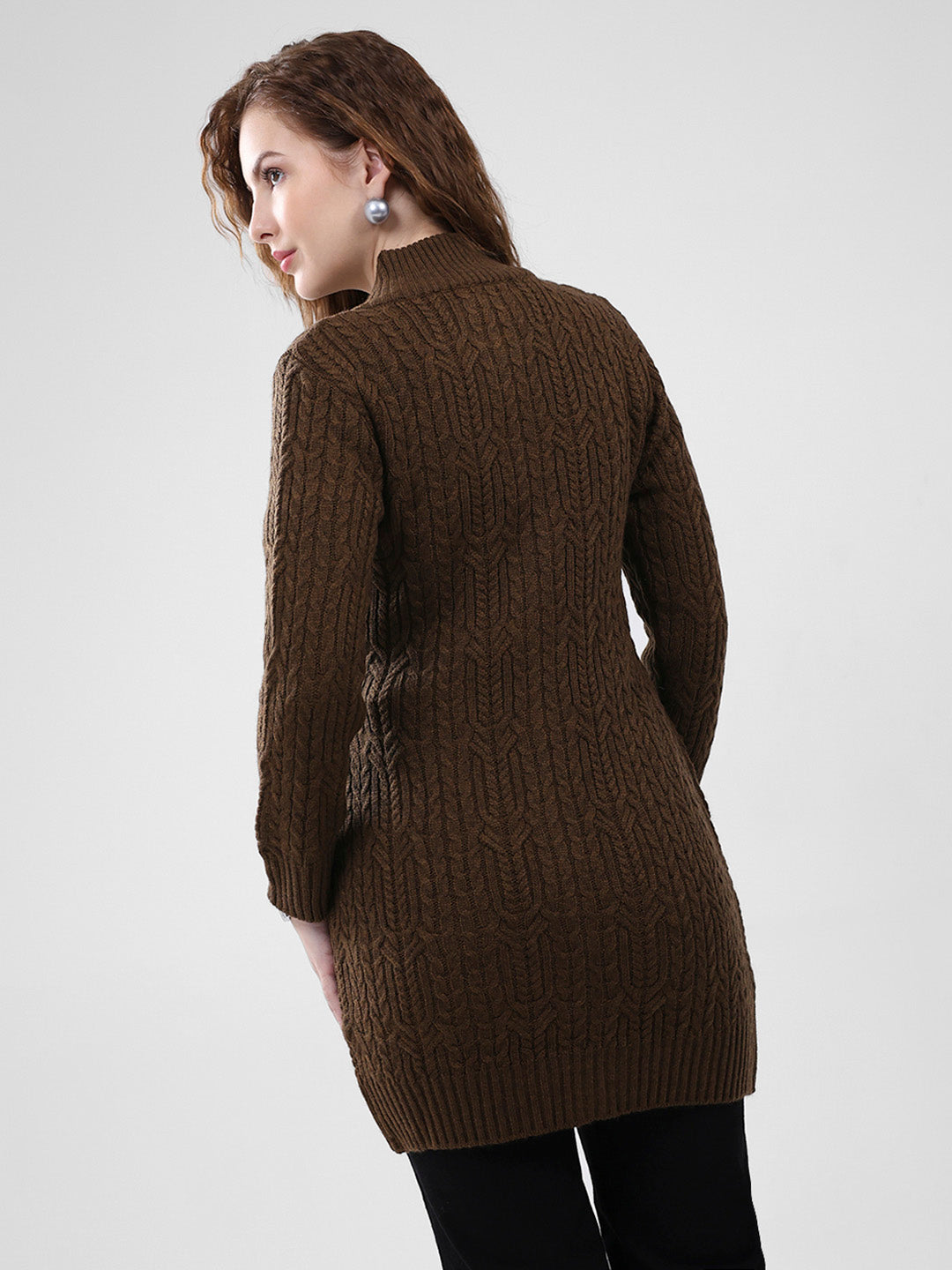 Women Brown Self Design Mock Neck Full Sleeve Cardigan