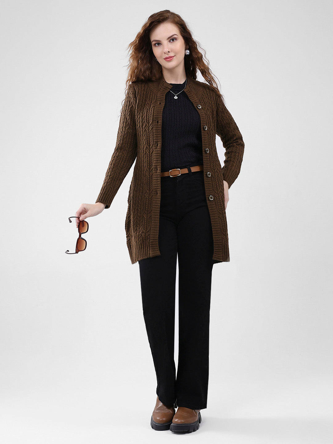 Women Brown Self Design Mock Neck Full Sleeve Cardigan