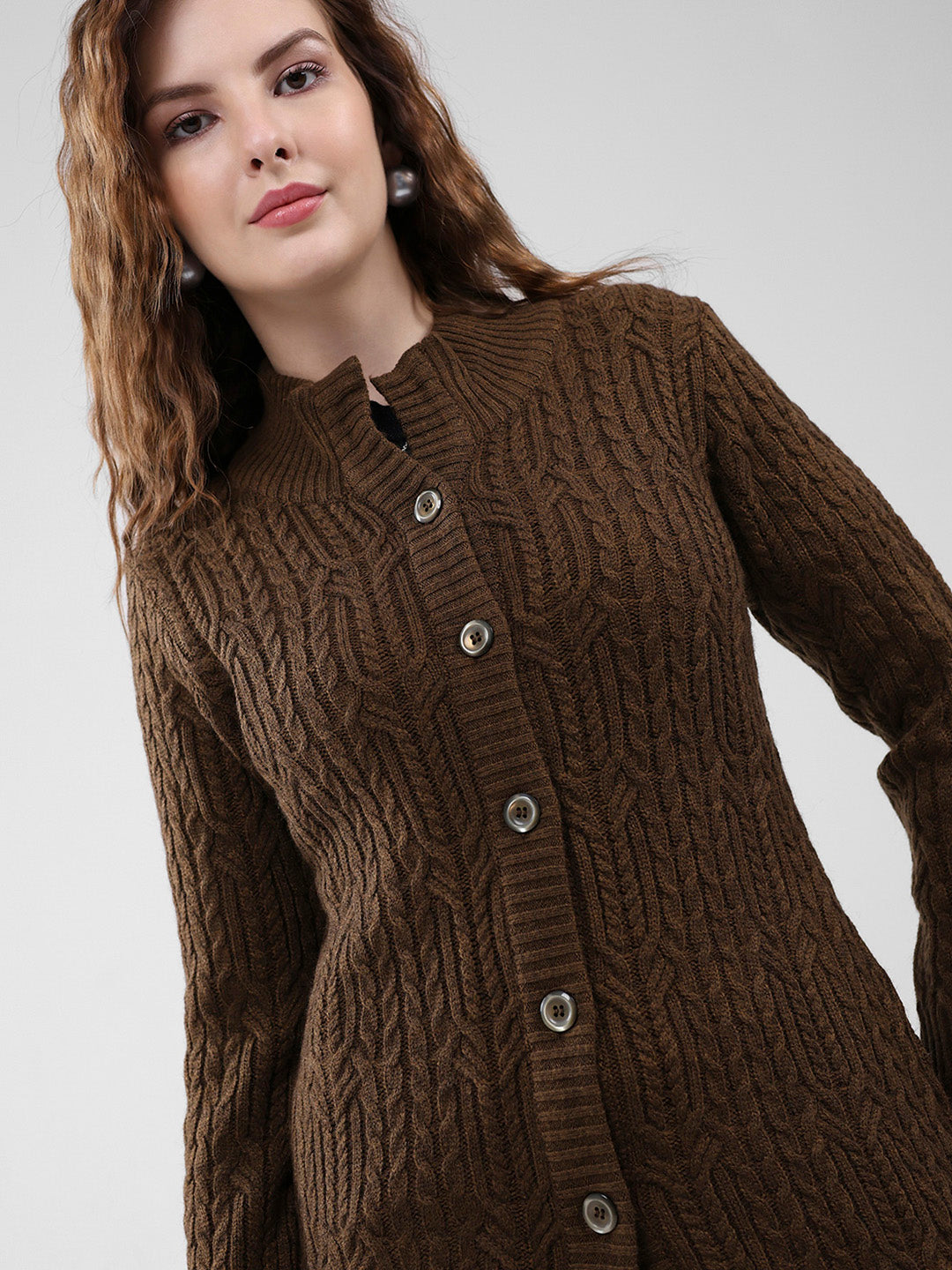 Women Brown Self Design Mock Neck Full Sleeve Cardigan