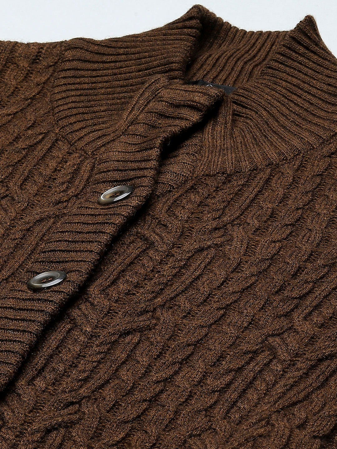 Women Brown Self Design Mock Neck Full Sleeve Cardigan