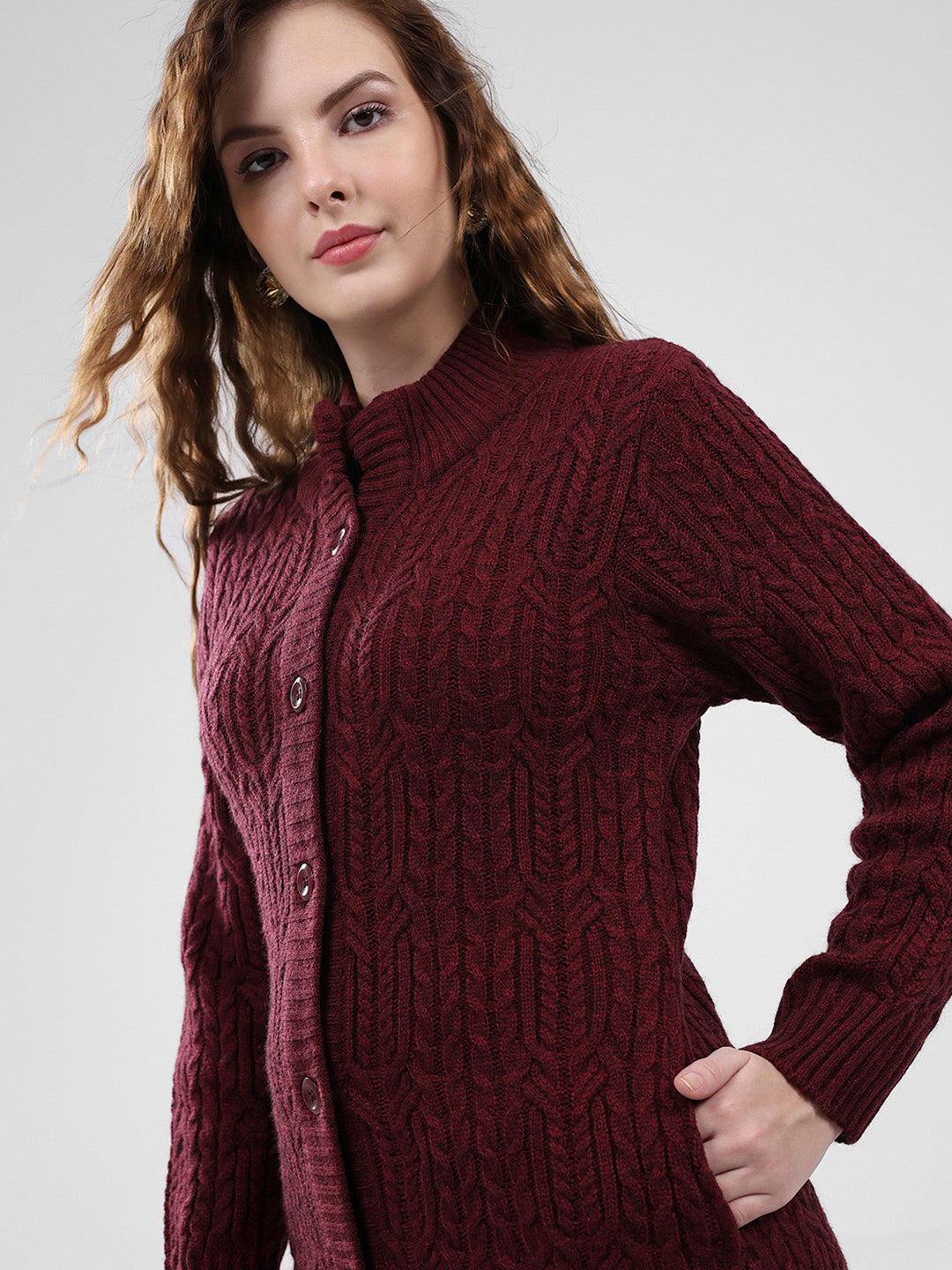 Women Maroon Self Design Mock Neck Full Sleeve Cardigan