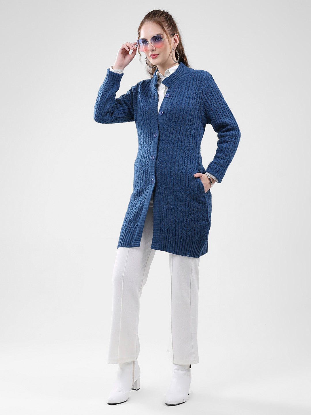 Women Blue Self Design Mock Neck Full Sleeve Cardigan
