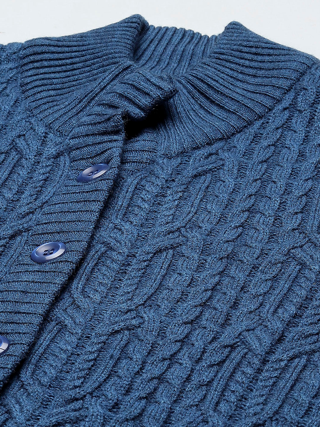 Women Blue Self Design Mock Neck Full Sleeve Cardigan