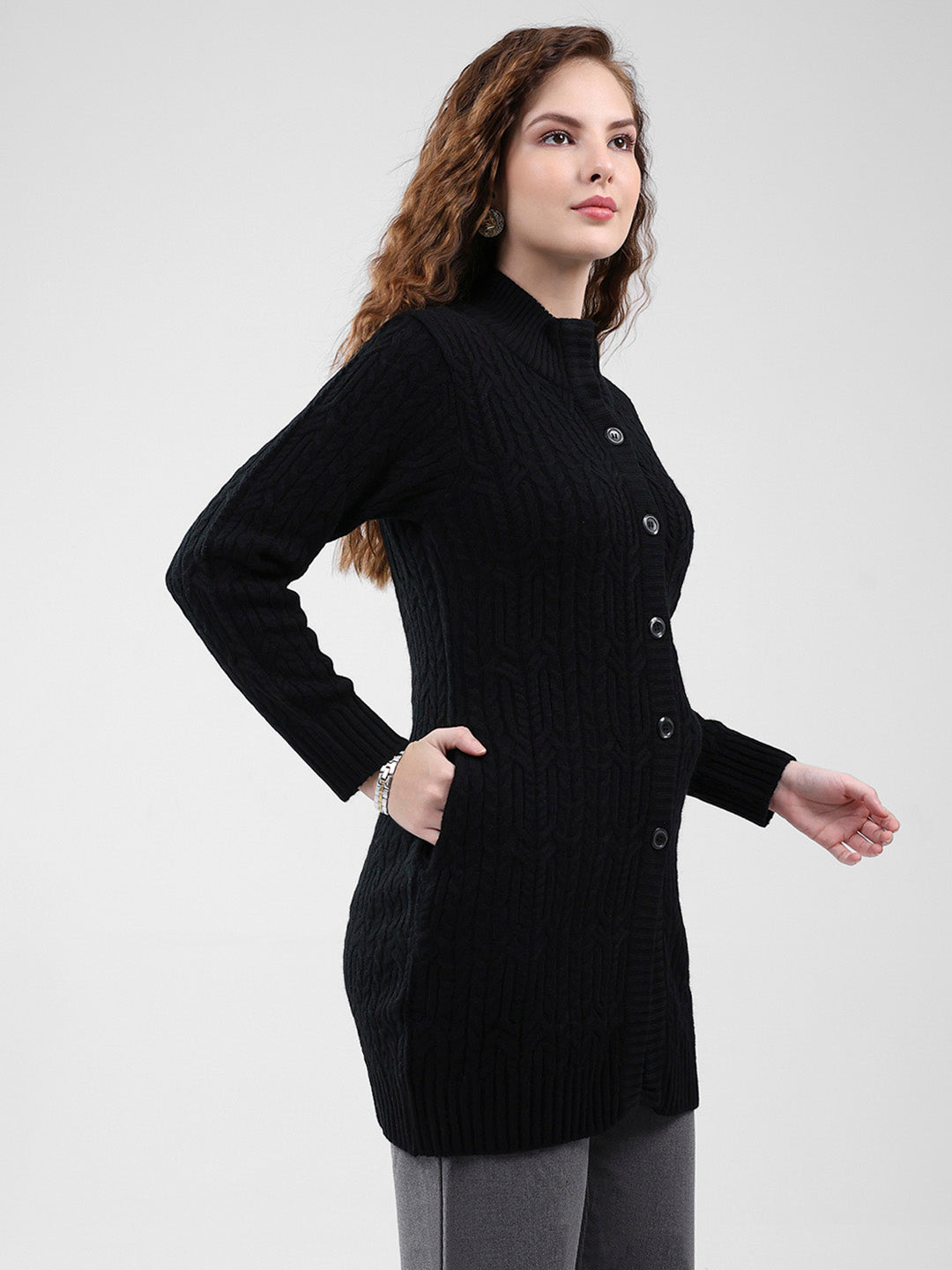 Women Black Self Design Mock Neck Full Sleeve Cardigan