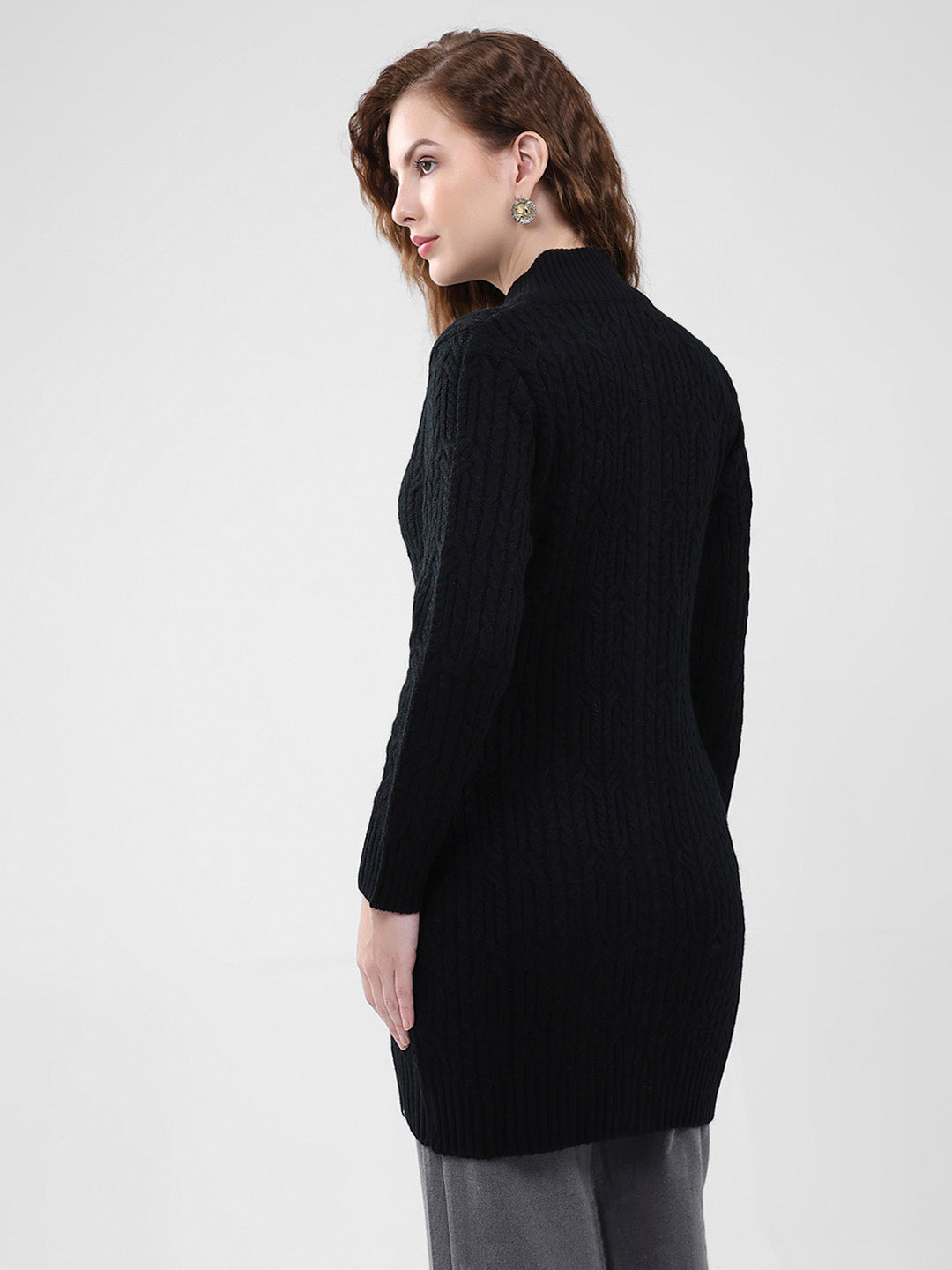 Women Black Self Design Mock Neck Full Sleeve Cardigan