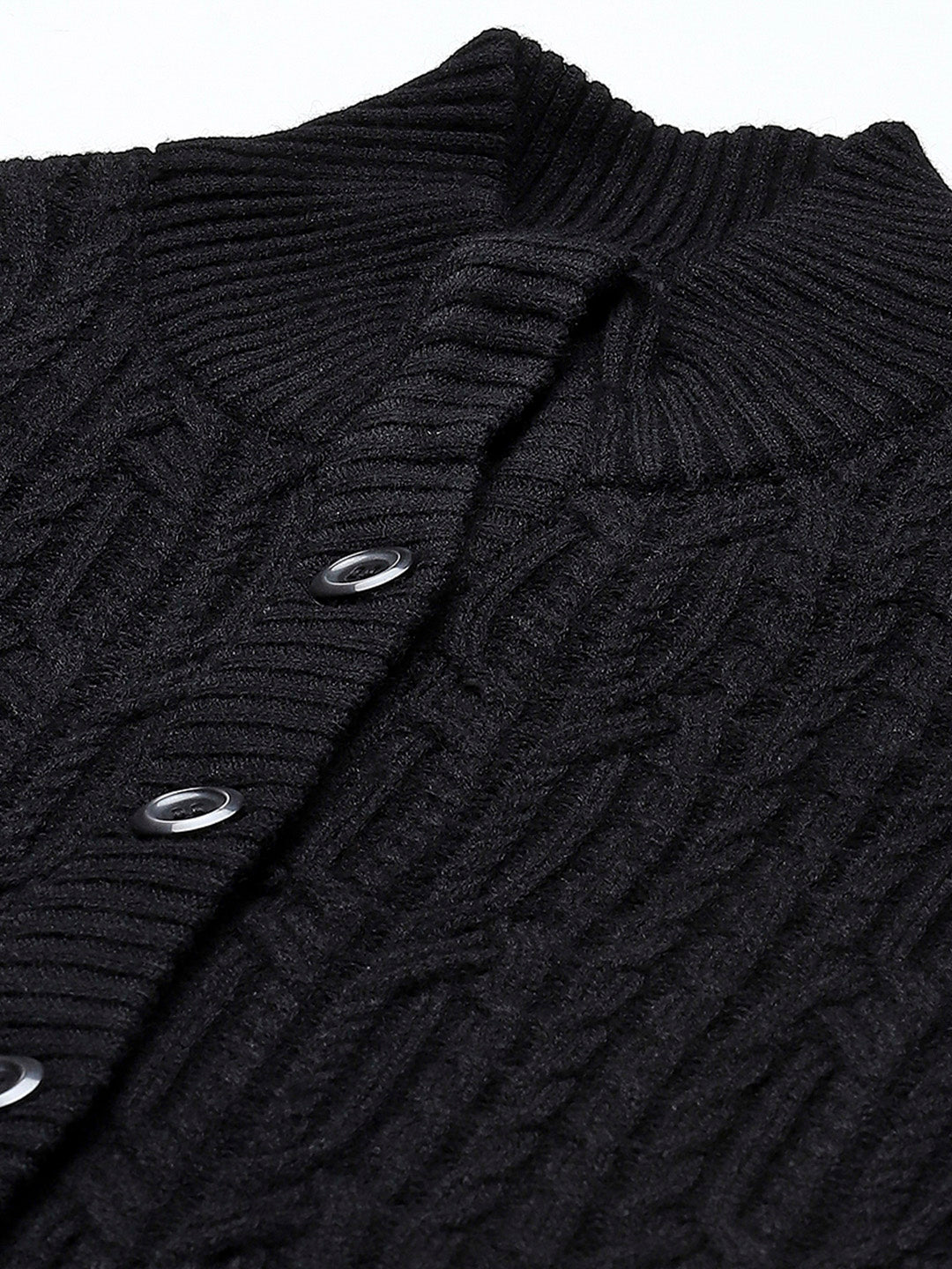 Women Black Self Design Mock Neck Full Sleeve Cardigan