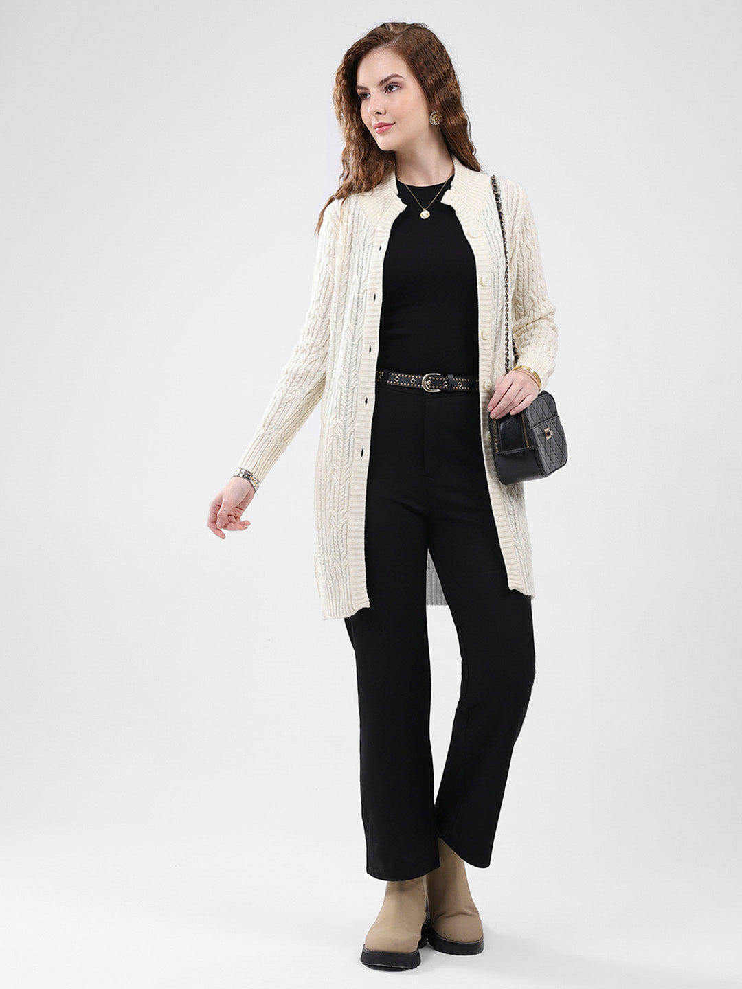 Women Cream Self Design Mock Neck Full Sleeve Cardigan