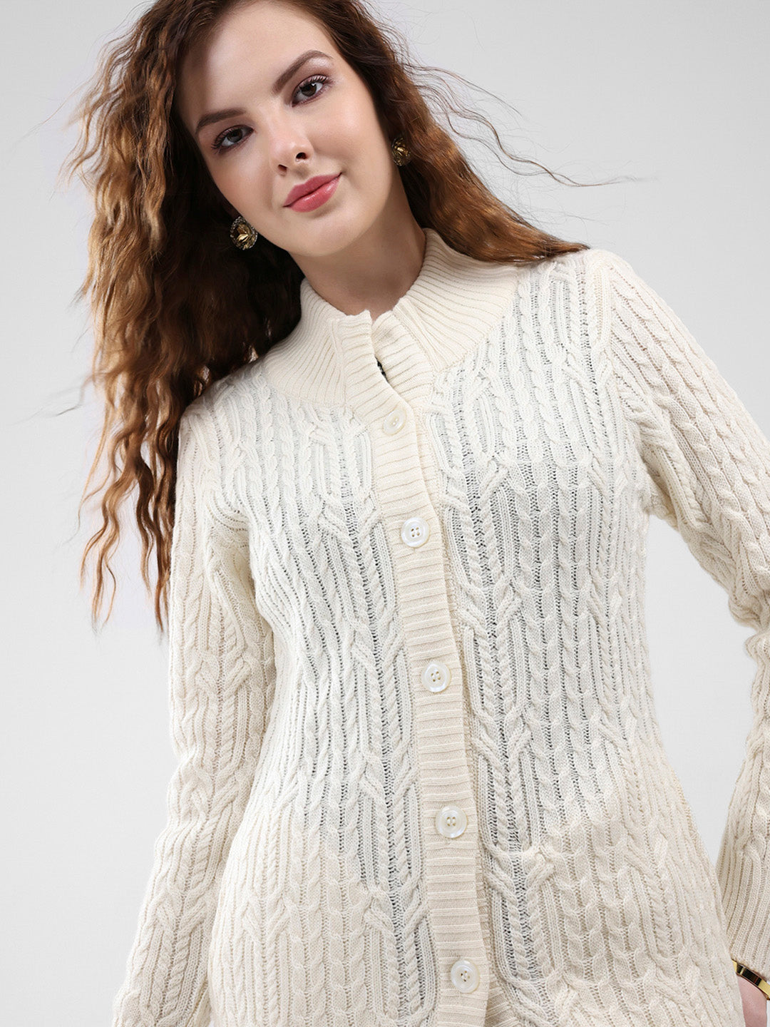 Women Cream Self Design Mock Neck Full Sleeve Cardigan